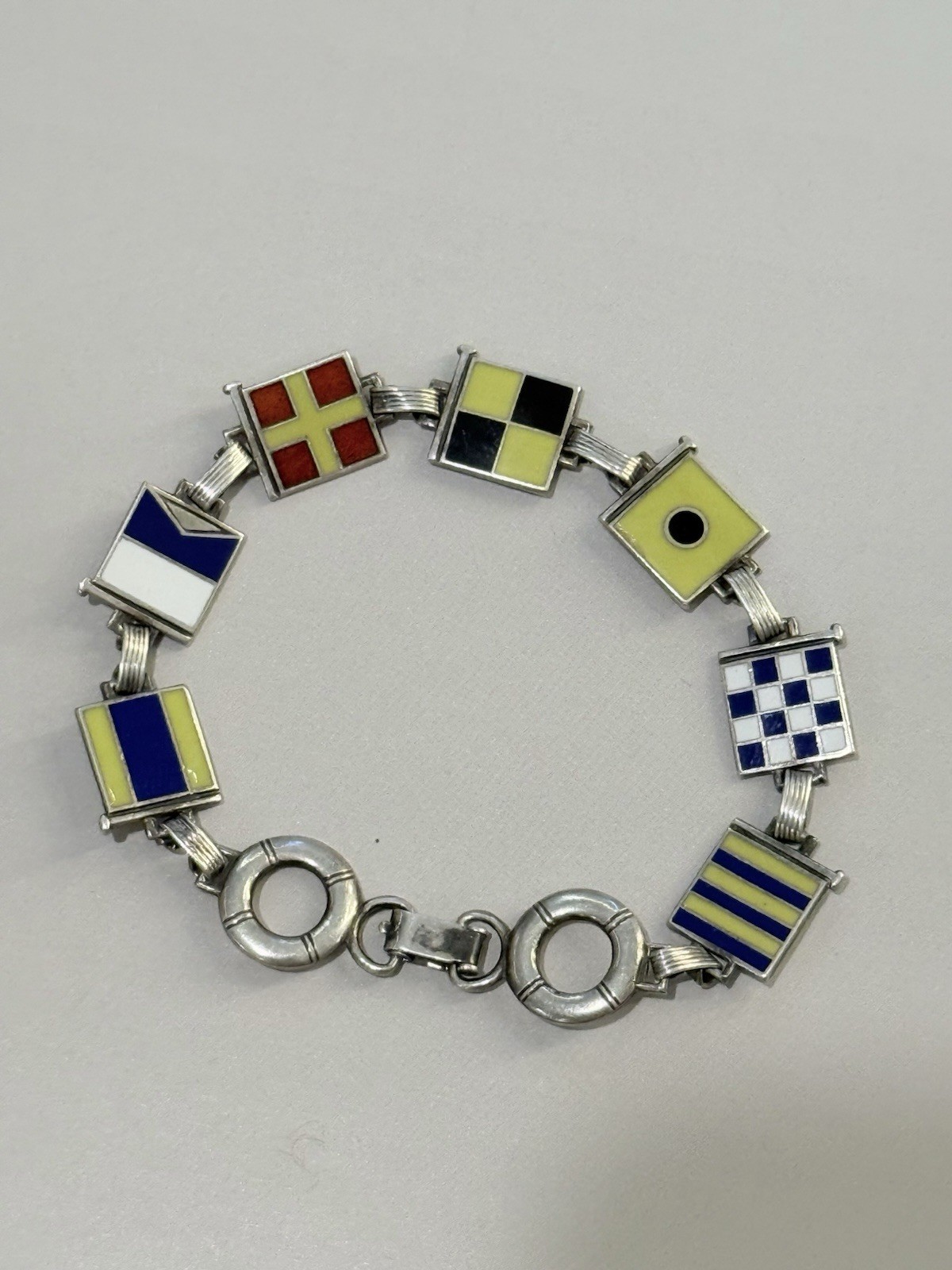 Vintage Enameled Sterling Silver Nautical Flag Bracelet 7”