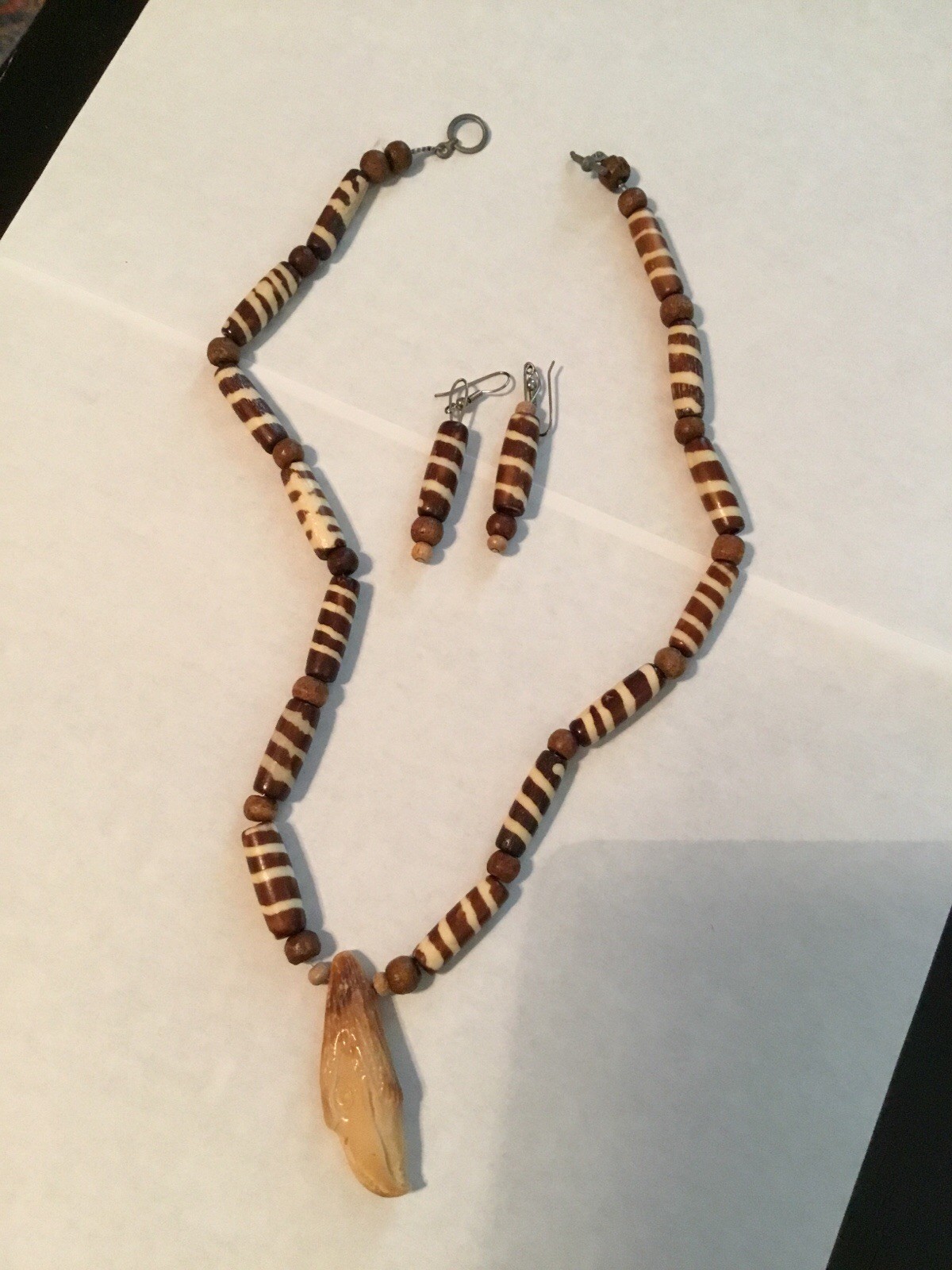 Vintage Bone And Wooden With Amulet Necklace With Earrings