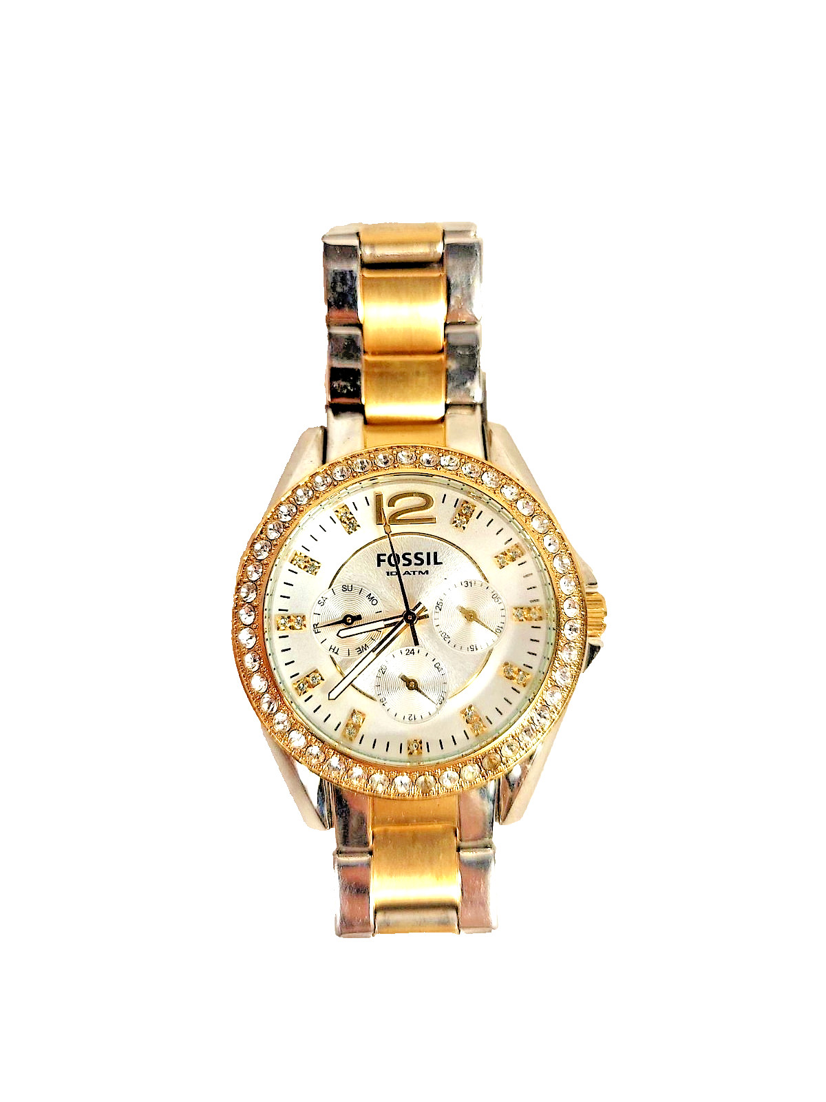 Fossil Riley ES2521 Watch Rhinestone 4 Time Zone Silver Gold Link NOS