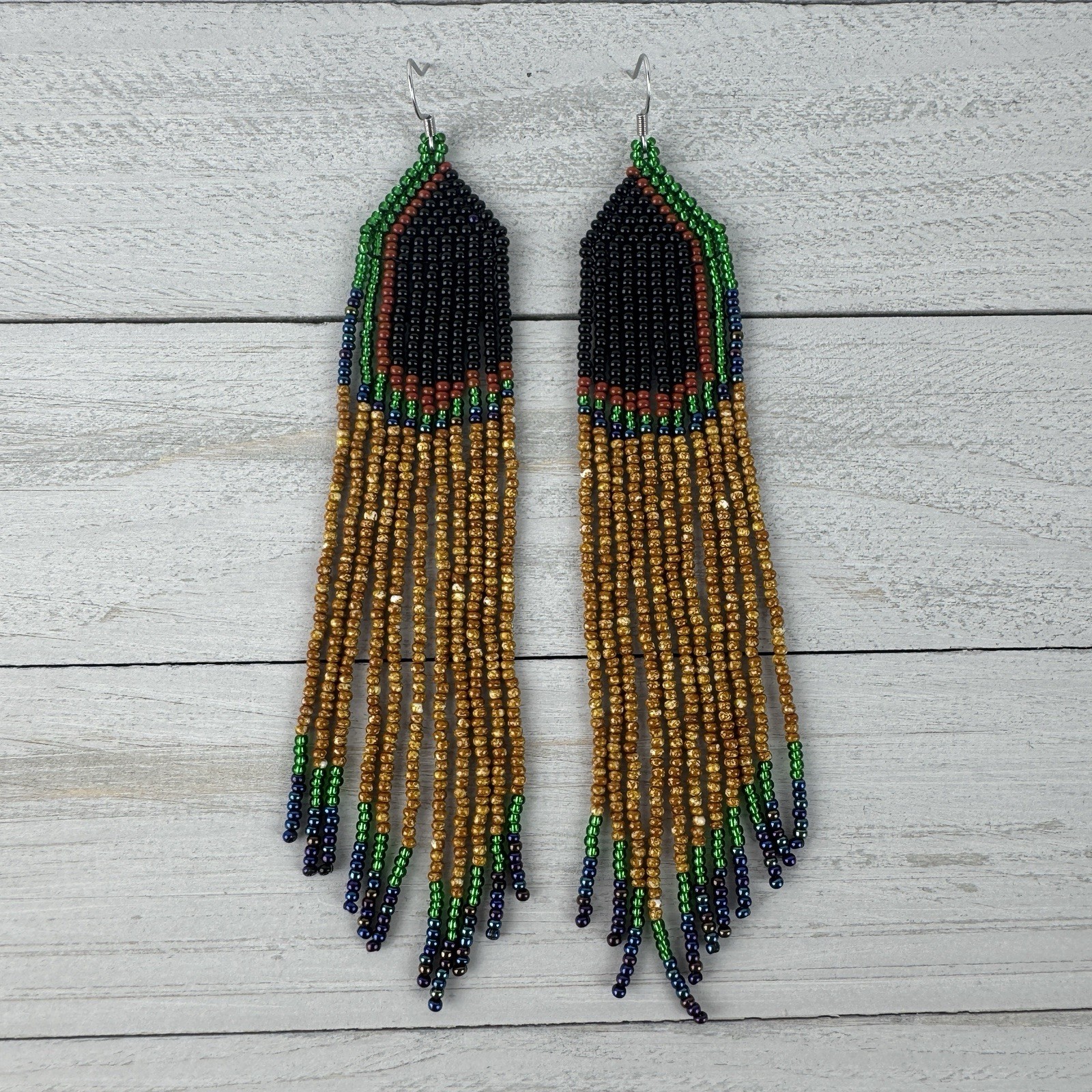 Handmade Beaded Long Dangle Earrings Black Brown Green & Blue Geo Design Peacock