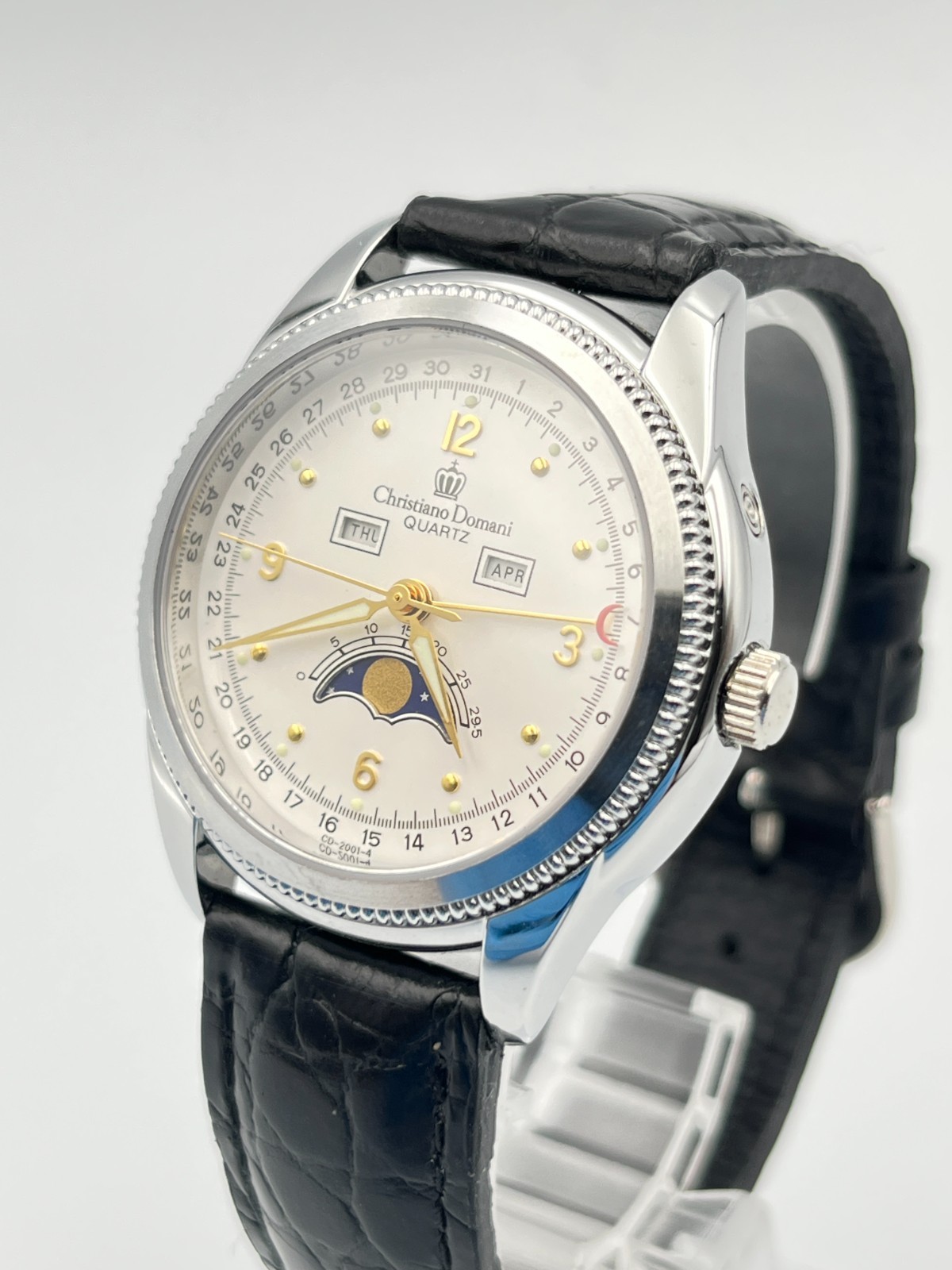 Christiano Domani CD-2001 Moon Phase Quartz men White Dial Watch Japan – Rank B+