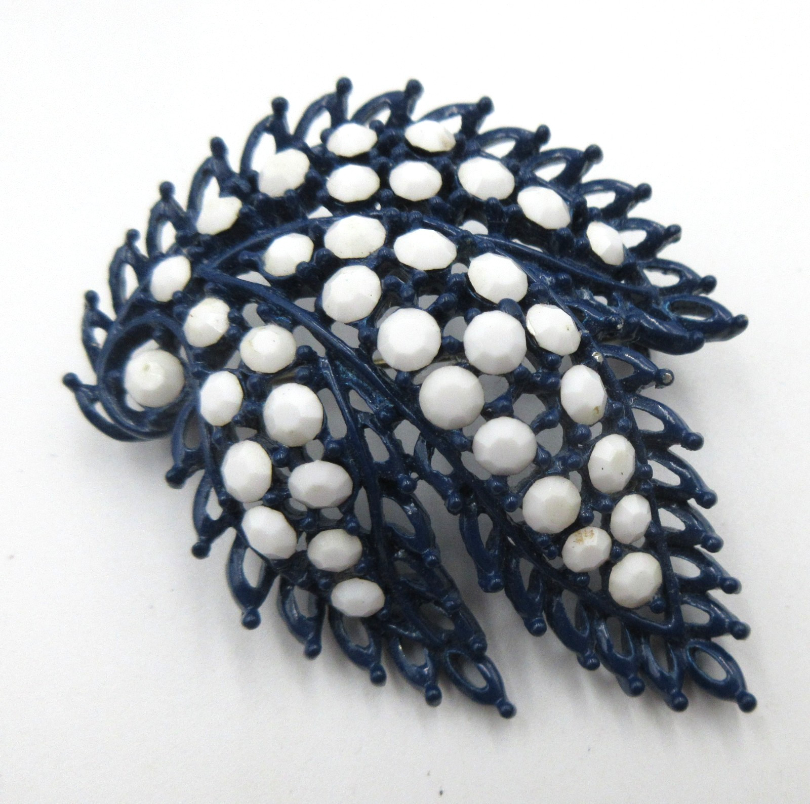 VTG BIG LARGE Blue white Bling LEAF Brooch Pin Matching Earrings list separately