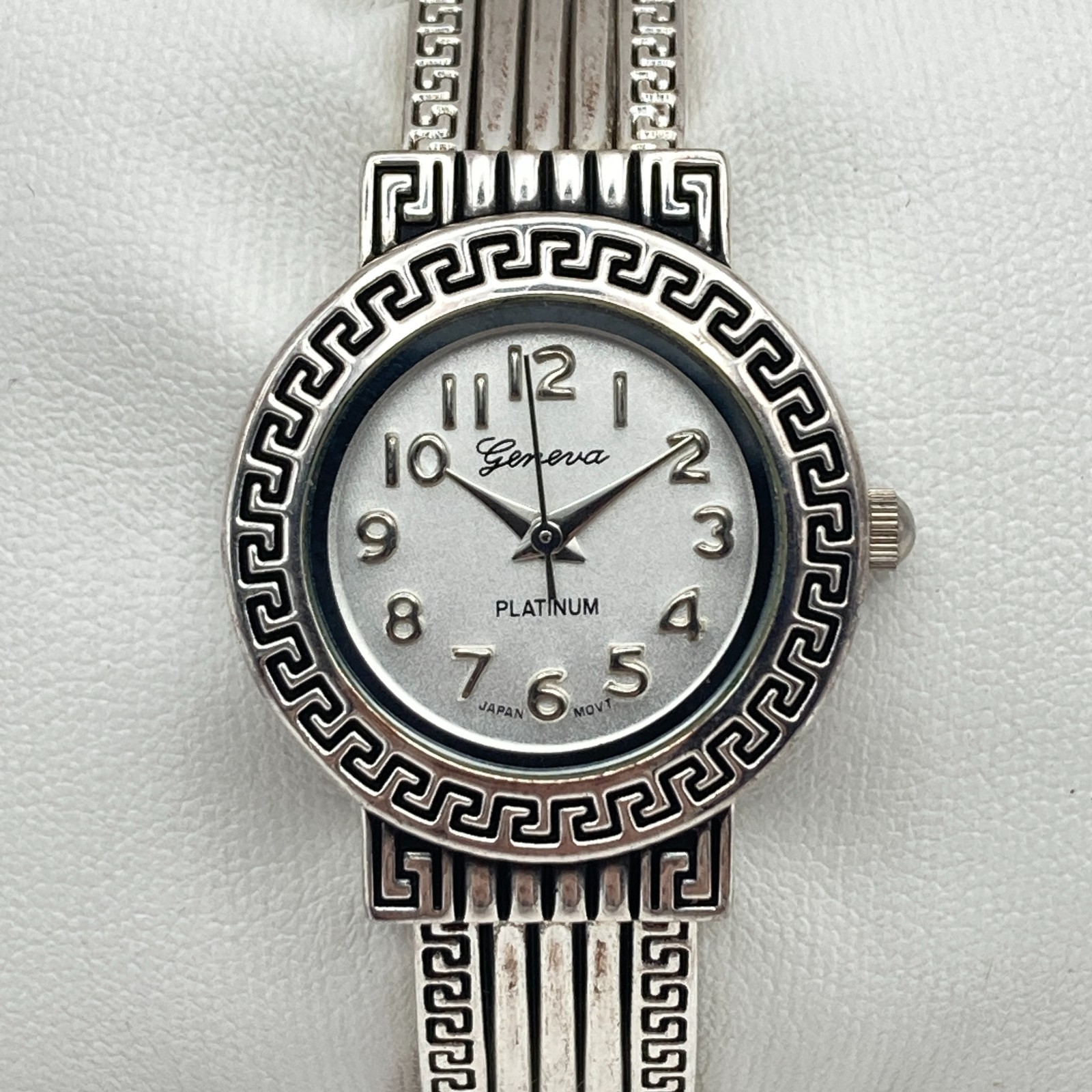 Geneva Women’s Watch 27mm Greek Key Silver Tone Cuff Round New Battery 6.25″
