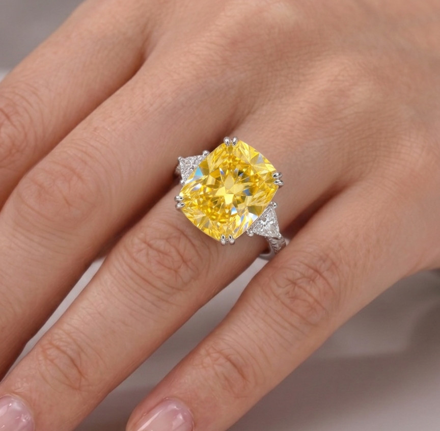 RARE 8.00 Ct Certified Cushion Cut Yellow Natural Diamond Ring White Gold Finish