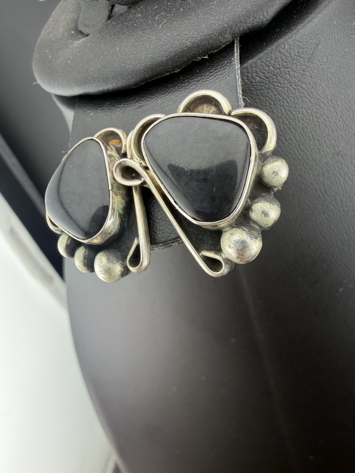 WS Sterling Silver Black Onyx Modernist Stud Earrings 11.7g Signed