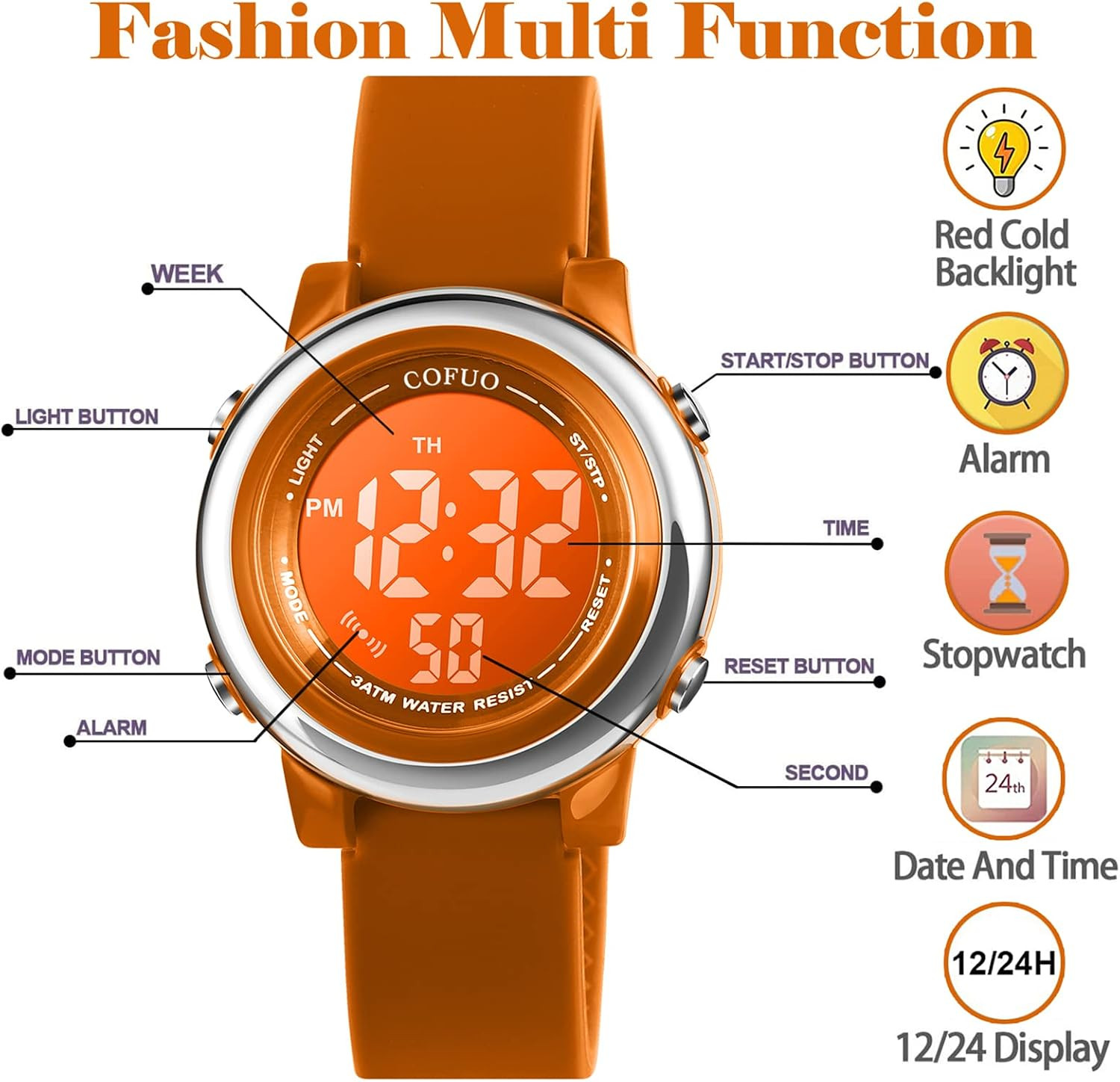 Kids Digital Sport Waterproof Watch for Girls Boys, Kid Sports Outdoor LED Elect