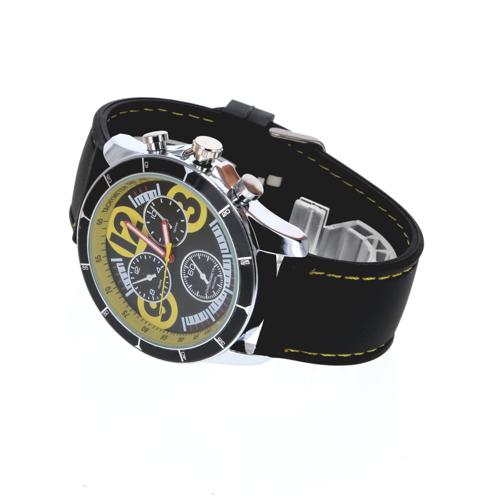Big Bezel Fashion Chronograph Sport Style Rubber Band Yellow Dial Men’s Watch