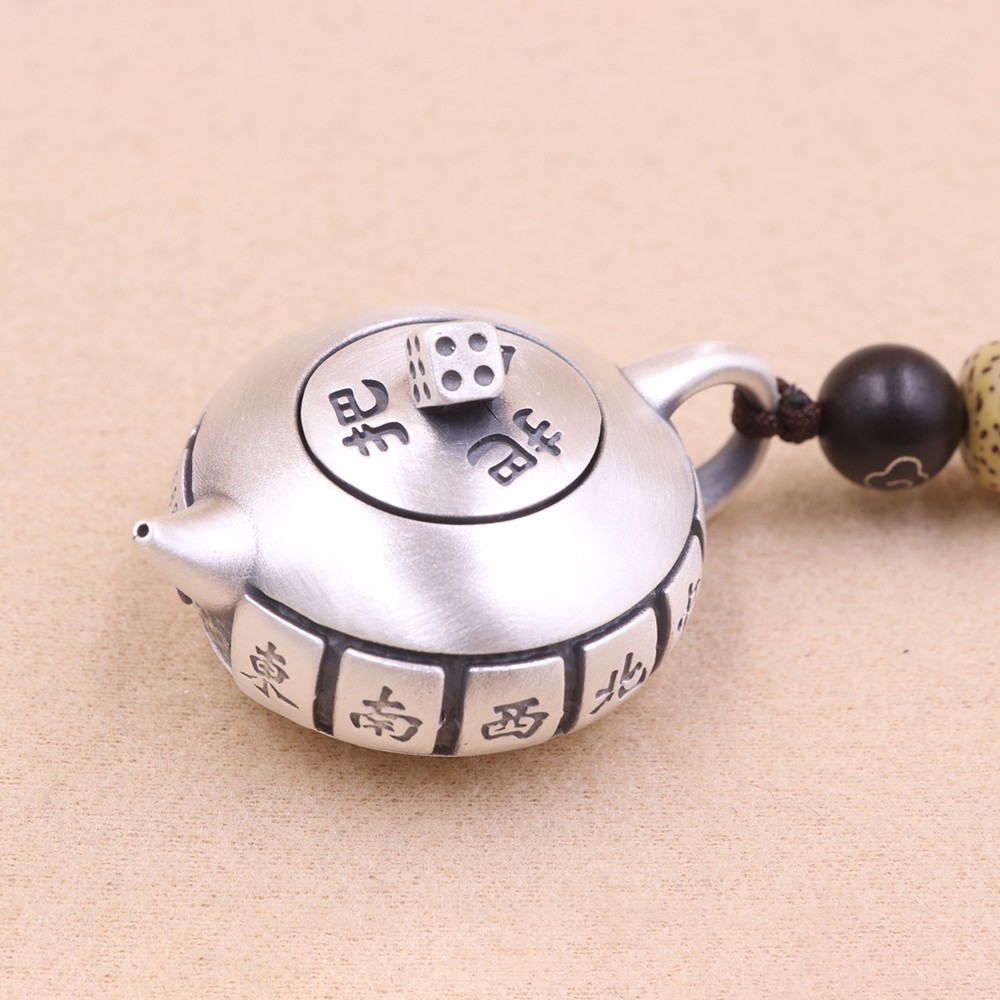Solid S999 Fine Silver Carved Wealth Mahjong Win Tea Pot Pendant 25-26g 38*28mm