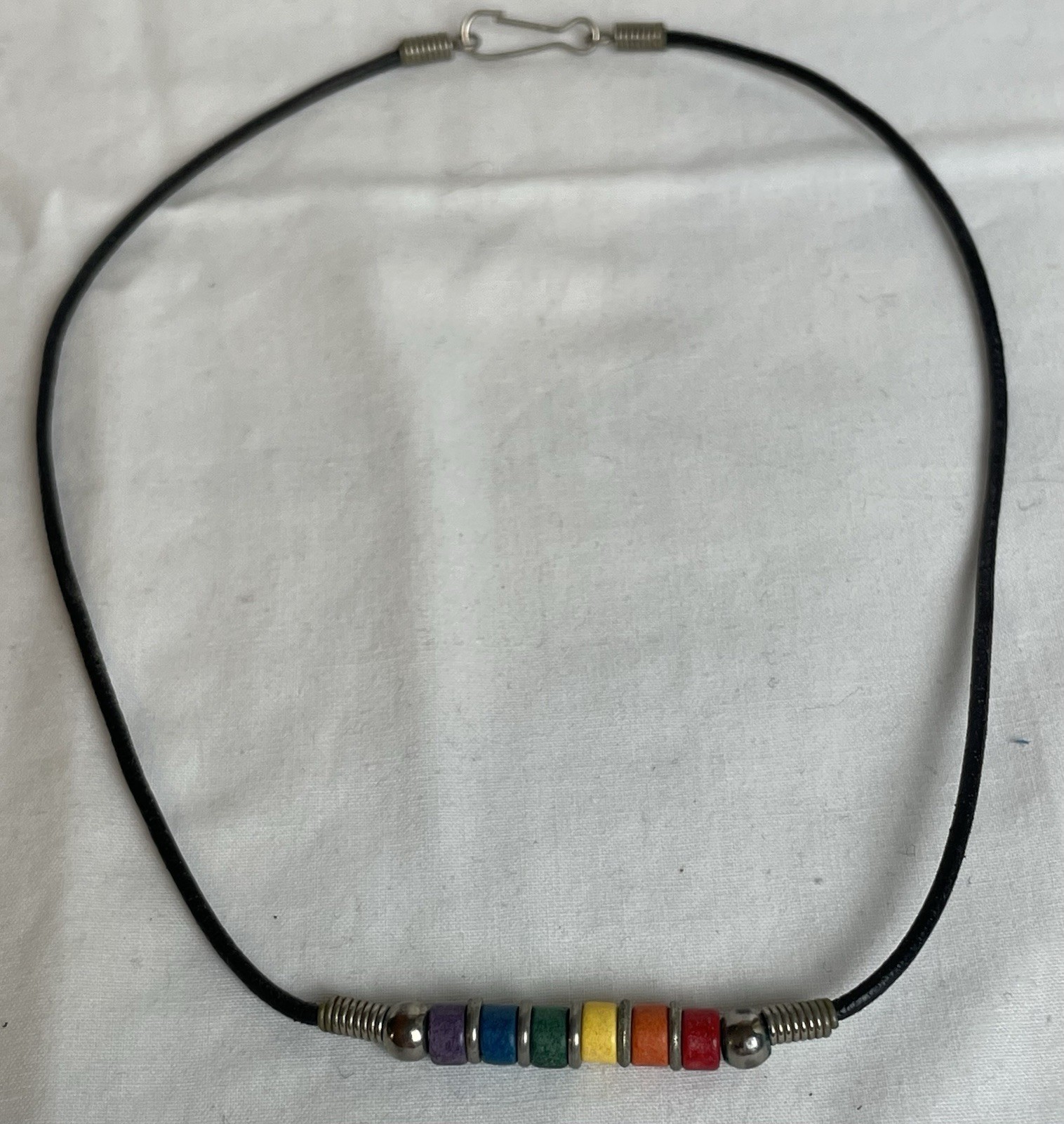 Vtg Real Silver Ceramic Beads Necklace 16” Multicolor Black Leather Cord