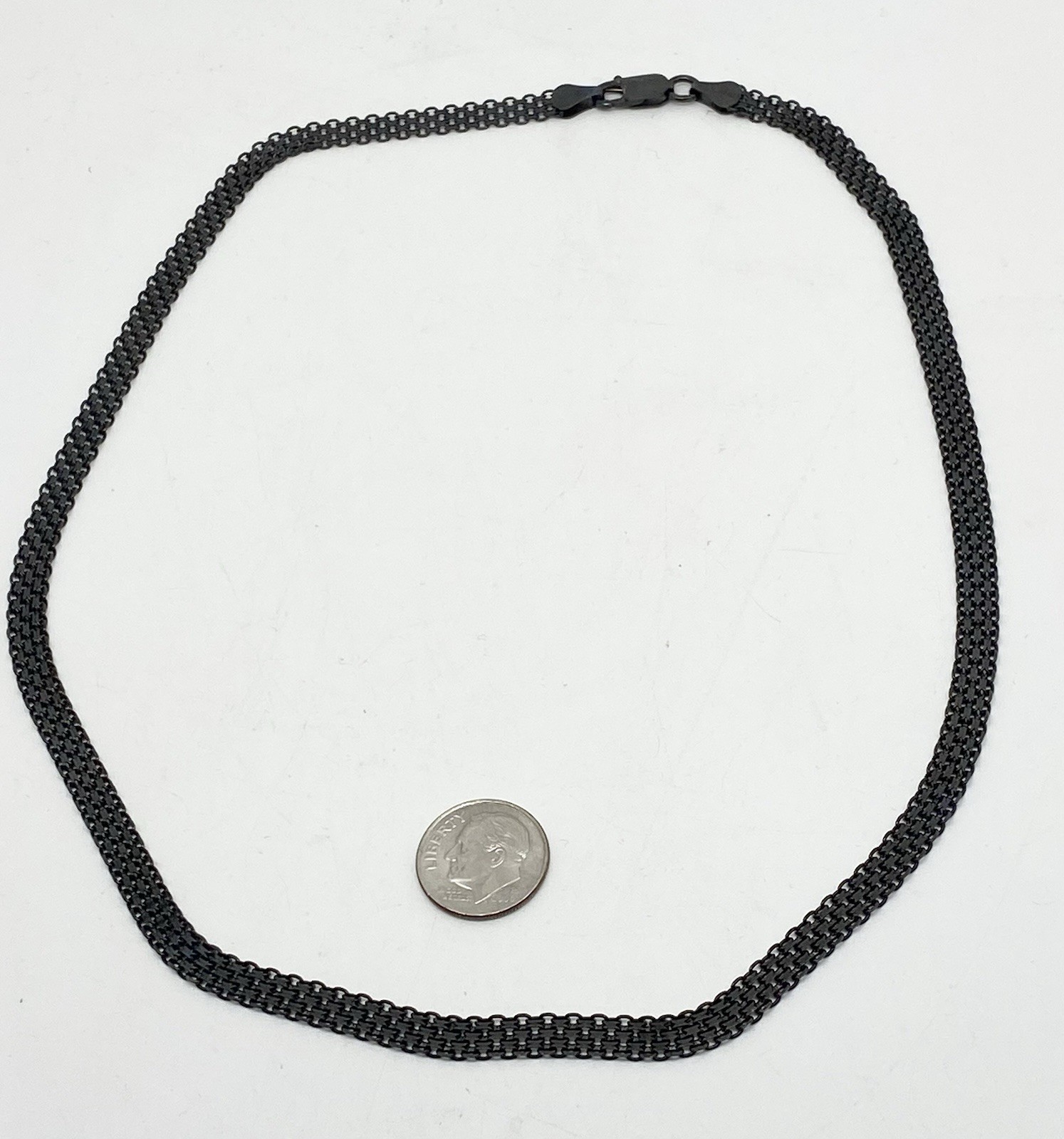 Vintage Black Gunmetal Sterling Silver Italy Flat Mesh Necklace 19”
