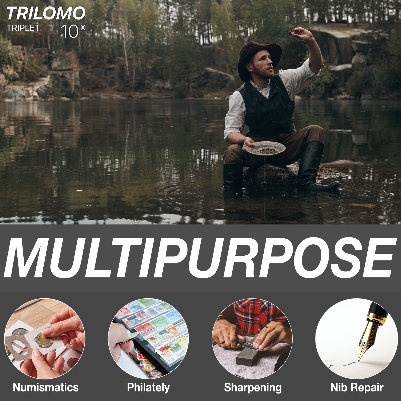 TRILOMO (ex Belomo) 10x Triplet Loupe Magnifier. Monoblock in Learher Case. USA
