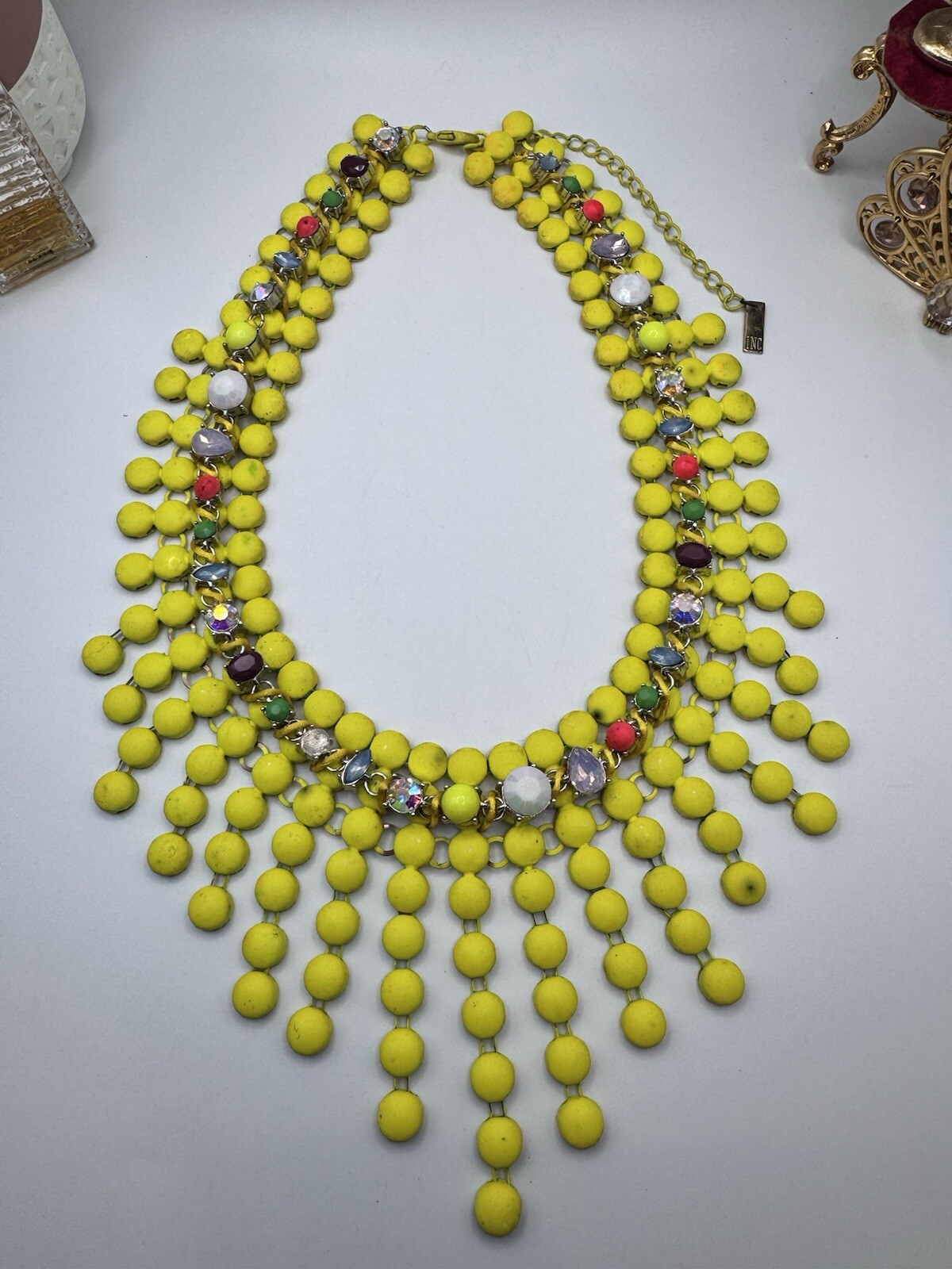 Extravagant Necklace Bib Yellow Bubble Gum Beads And Rhinestone Signed INC