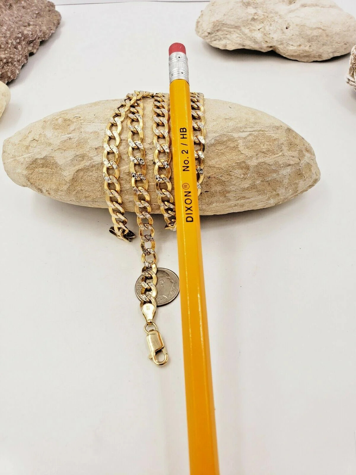 10KT Yellow Gold Hollow Curb 2 Tone Diamond Cut Chain 23.14 inches x W 6.50 mm