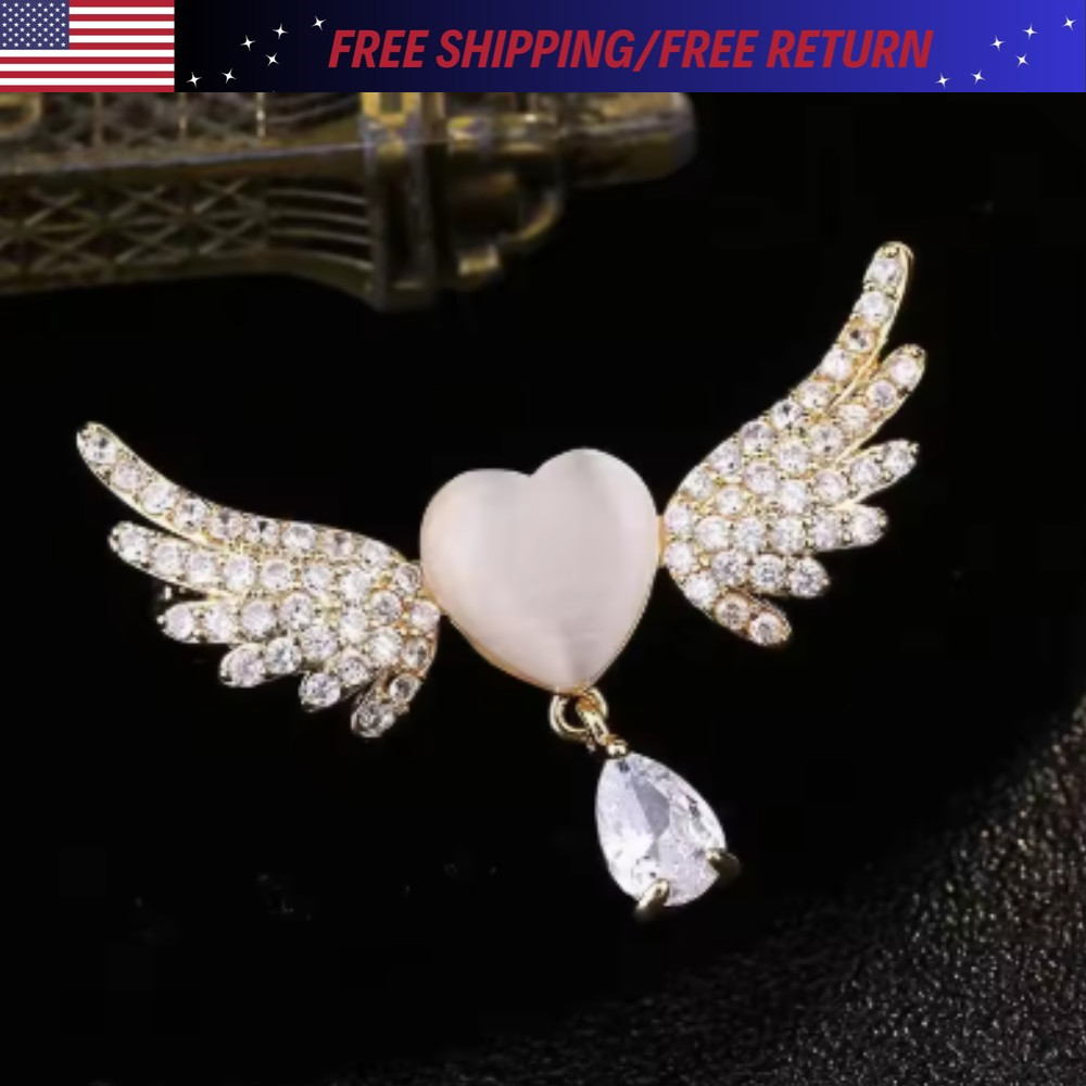 Art Deco Style Enamel Crystal Angel Wings White Heart Brooch Badge Pin Gift USA
