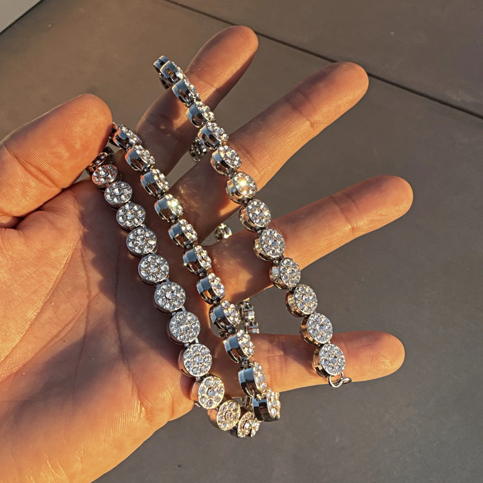Men’s Flower Cluster Chain Simulated CZ Iced Flooded Out One Row Silver Tone 36″