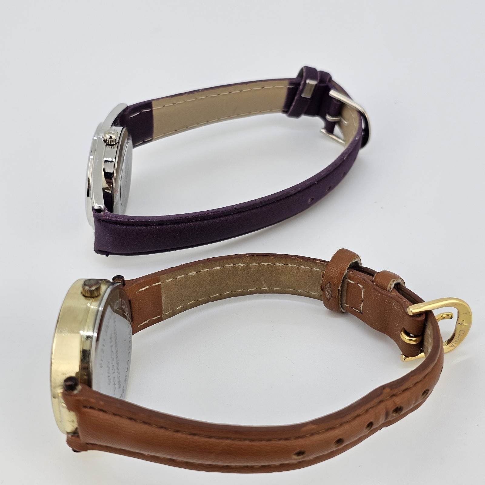 2X Women’s Watches Black Cream Dial Purple Brown Faux Leather Bands New Battery