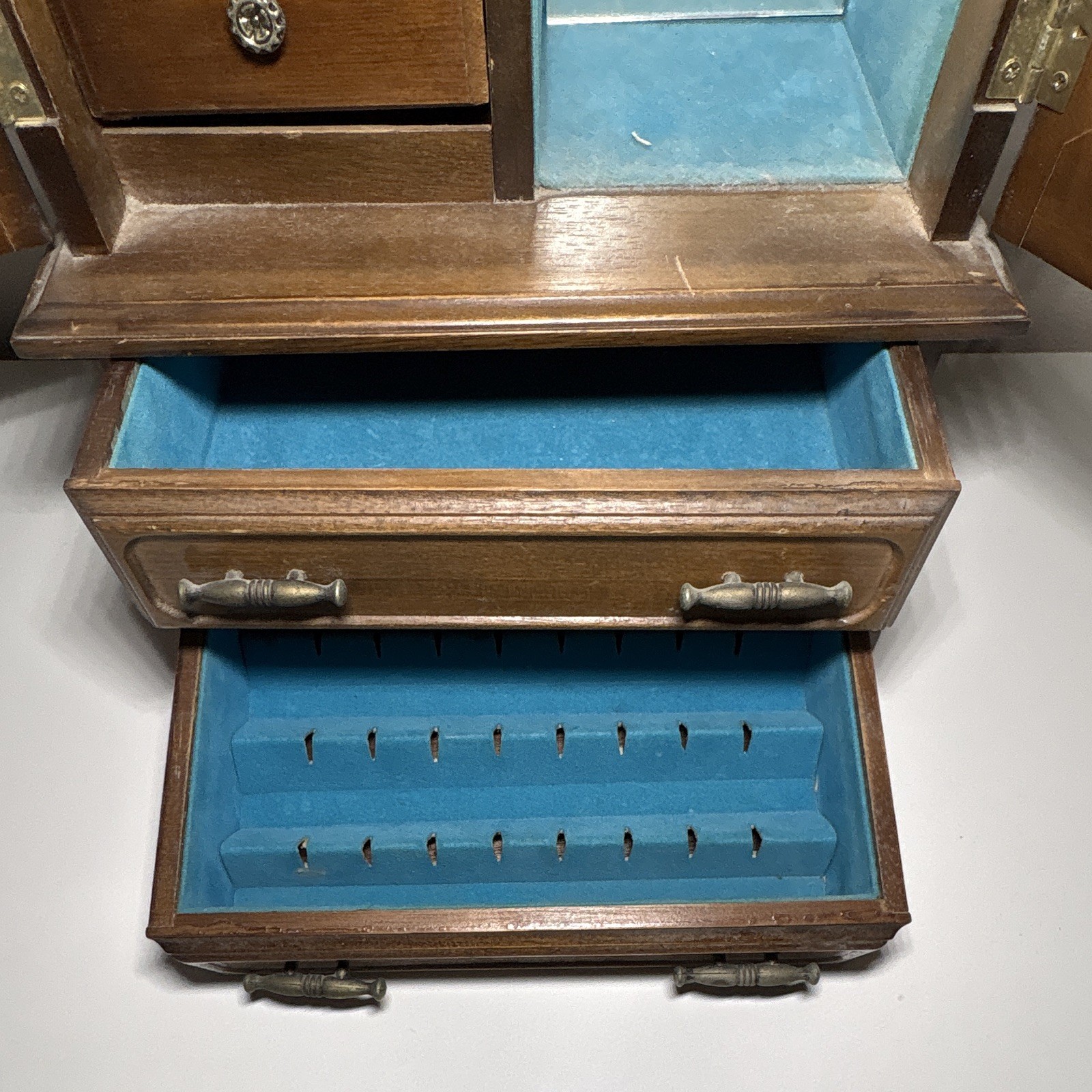 Wood Jewelry Box Armoire, Brown w/ Glass Doors & Mirror, Blue Lined, Vintage