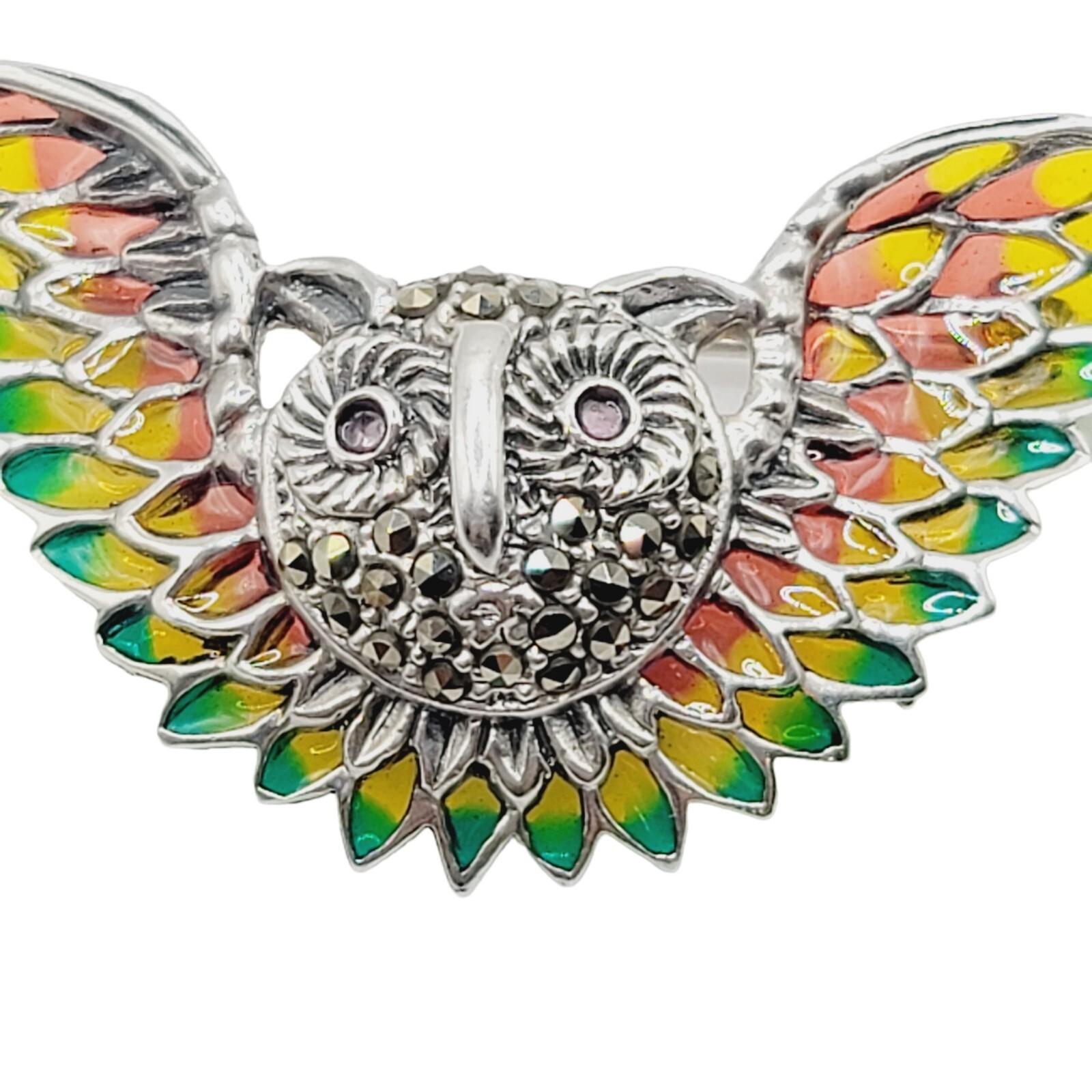 Handmade 925 Sterling Silver Plique Enamel Ruby Marcasite Brooch Owl in Flight