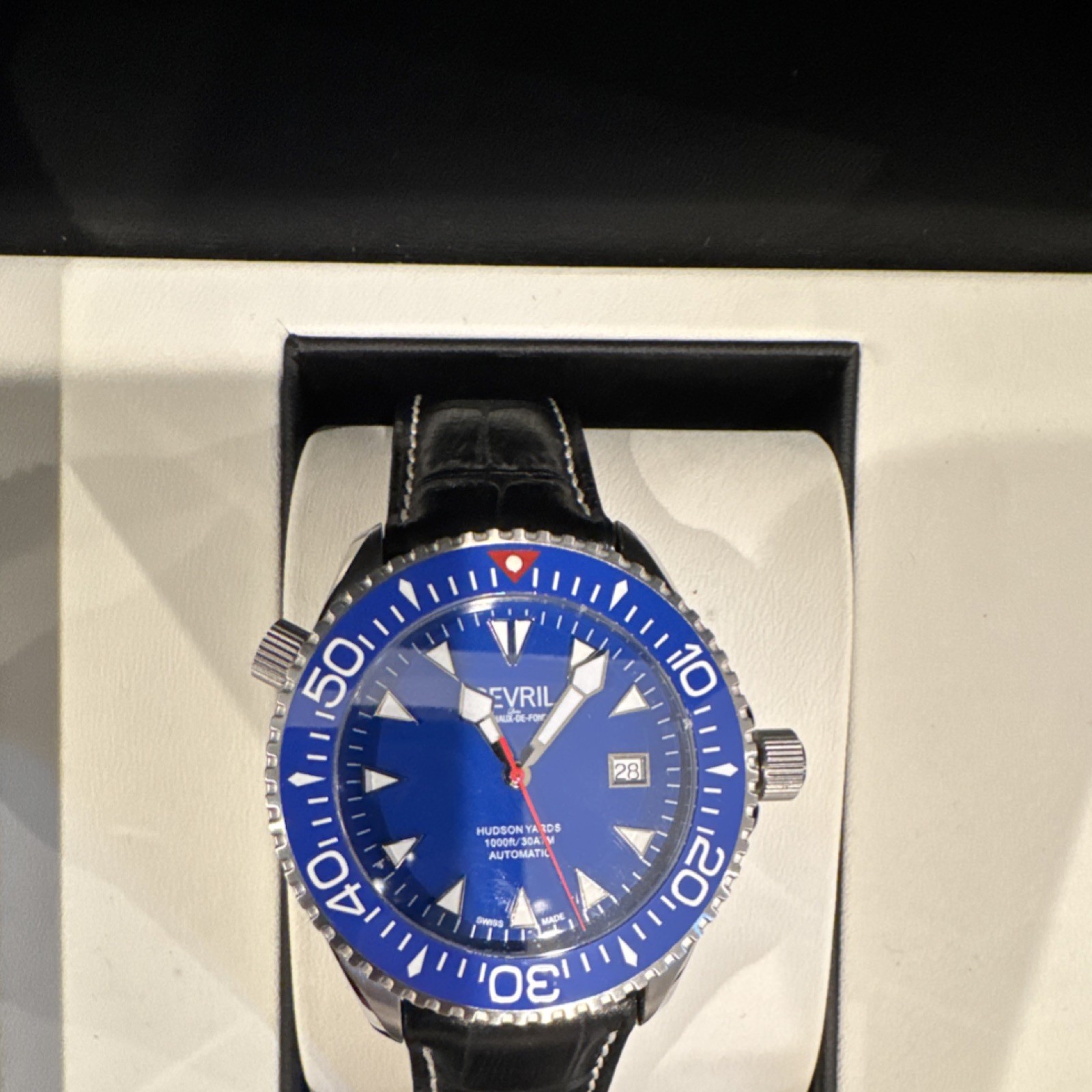 Gevril Hudson Yards Automatic Diver Blue Dial Silver Steel Black Leather Watch