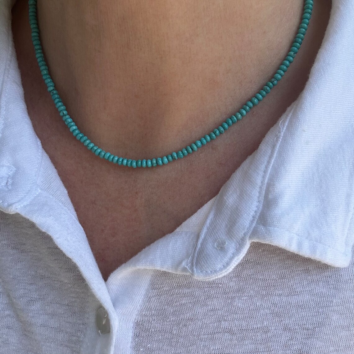 Blue Green Small Seed Bead Arizona Turquoise Necklace, Tiny Delicate Dainty 3mm