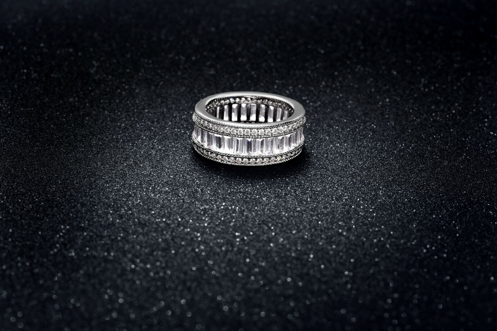 925 Sterling Silver Plated Eternity Band Ring Emerald Cut Cubic Zirconia Stones