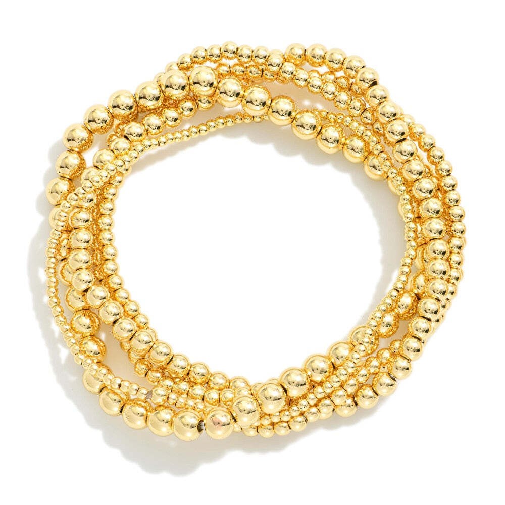 Set of 5 Gold Beaded Stretch Bracelets Stack Boho Layering