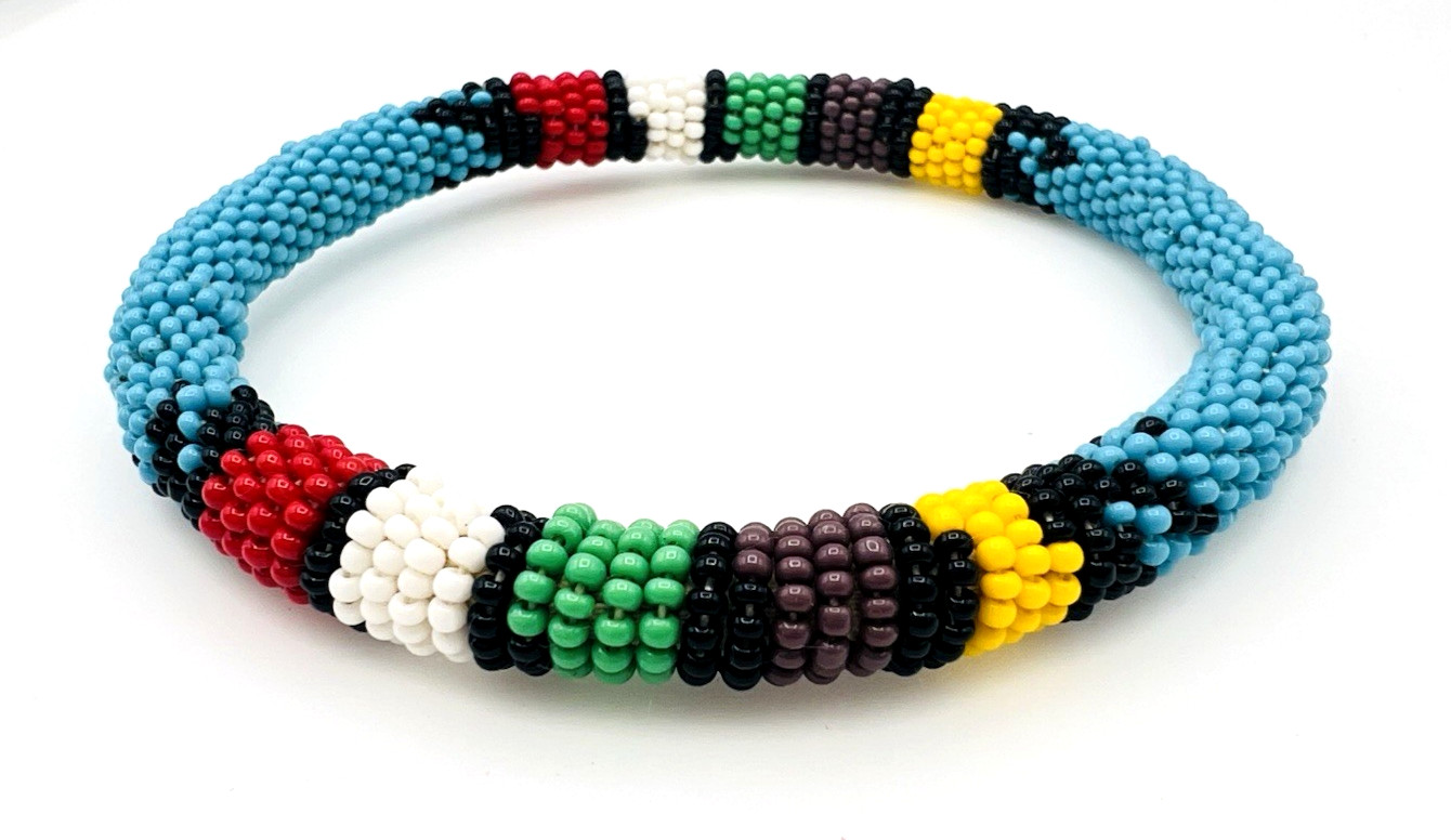 Two Unisex Handcrafted African Seed Bead Bangle Bracelets 2.8 in