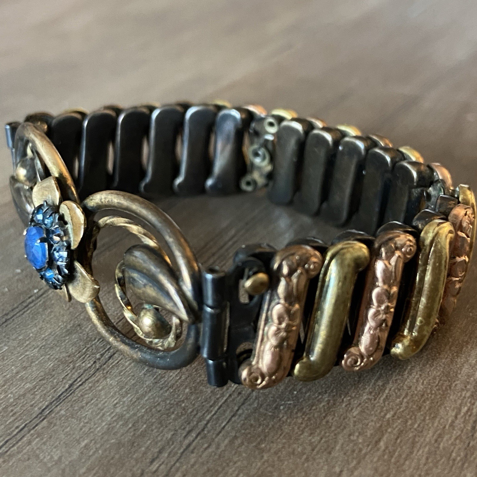 Vintage Lustern Bracelet 12K Gold Filled on Sterling w/Blue Gem Floral Accent