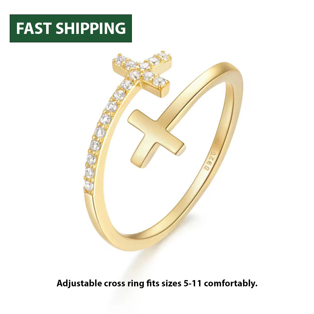 Gold & CZ Double Cross Ring by Stella Amoré: Adjustable Christian Jewelry