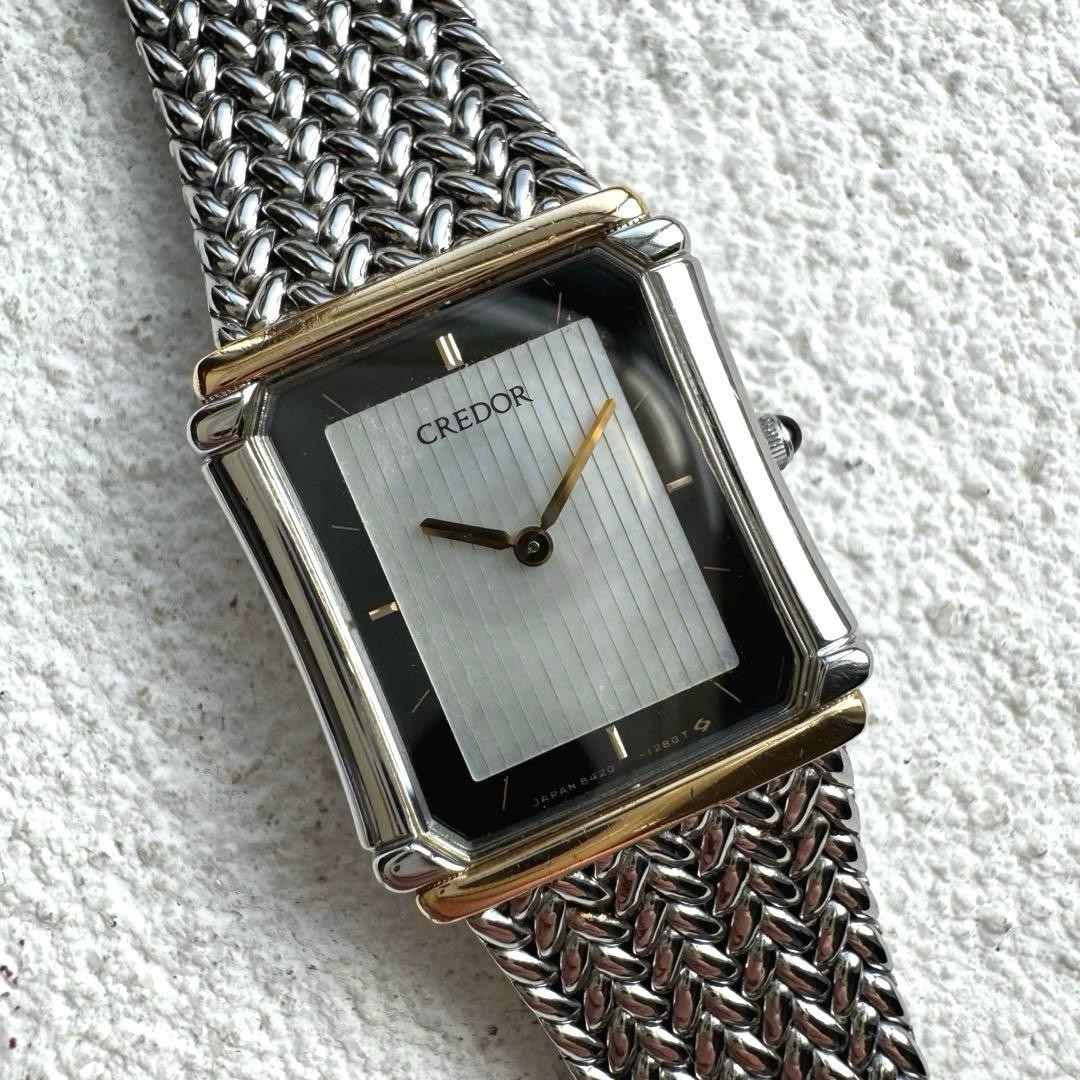 SEIKO CREDOR 8420-6690 SS 18K Shell Dial Rectangular Working Watch Auth from JP
