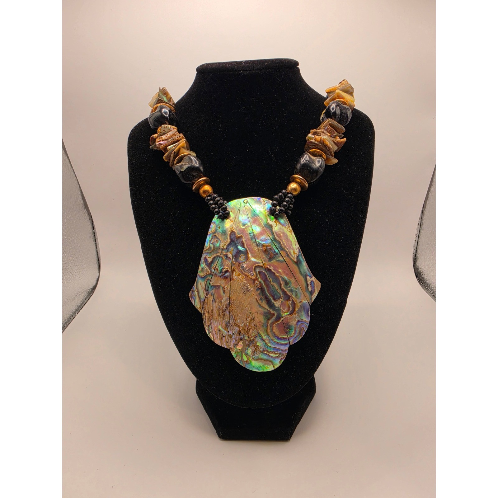 Large Abalone Shell Statement Necklace Iridescent Beaded Boho Coastal Jewelry