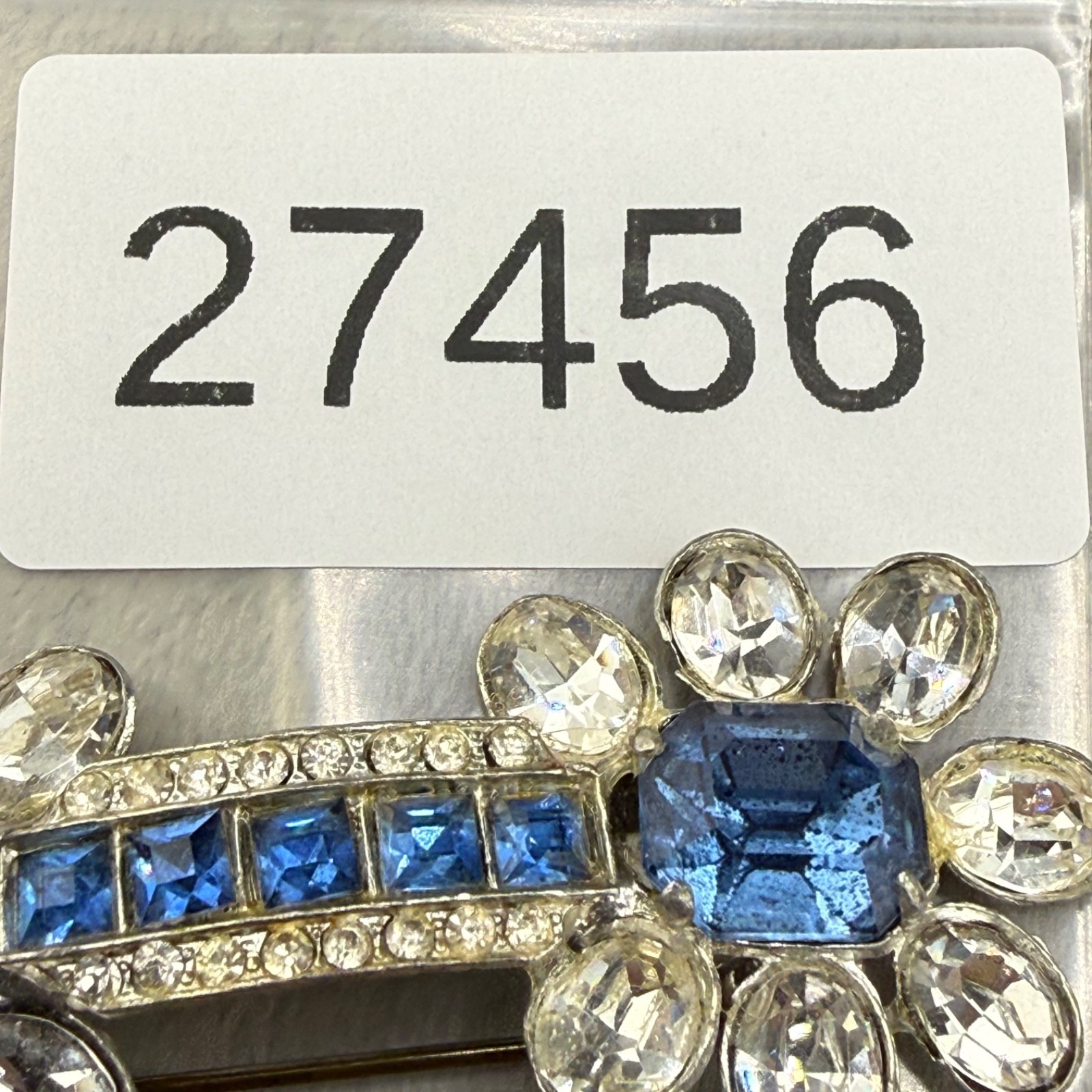 Vintage Art Deco Rhinestone Brooch Blue Silver Tone