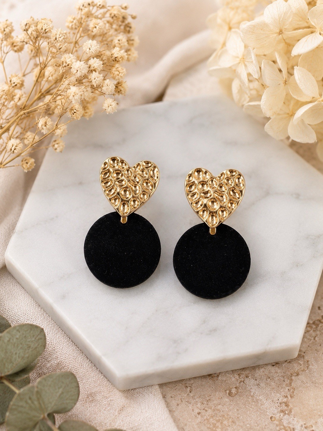 Black Velvet Heart Drop Earrings Gold Tone Statement Gift Box Included