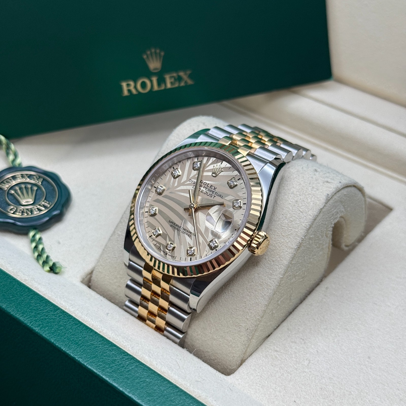Rolex Datejust 36 Champagne Palm Diamond Two Tone Yellow Gold Fluted Jubilee
