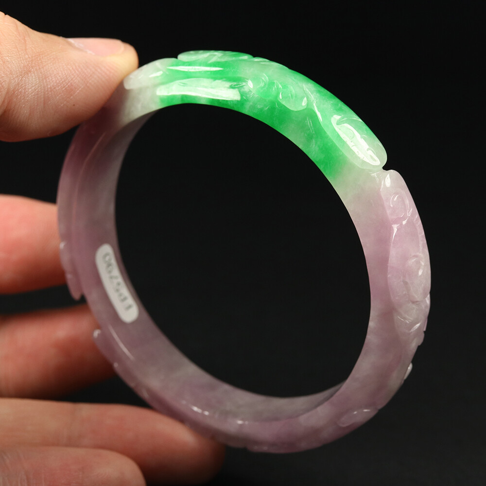 57mm Lavender Purple Green Jadeite Jade Bangle Bracelet Ruyi Bat Coin 11633