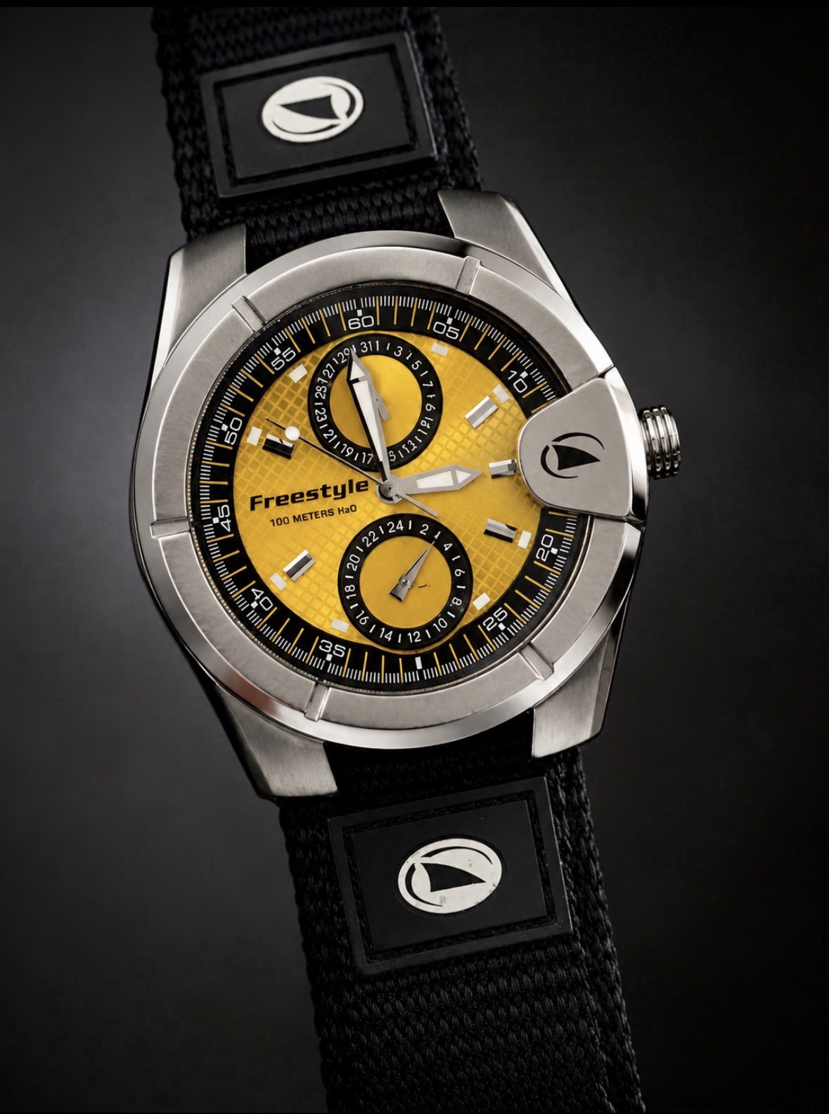Freestyle Vortex Quartz 100m Yellow Dial SS Case Black Nylon Strap 44mm