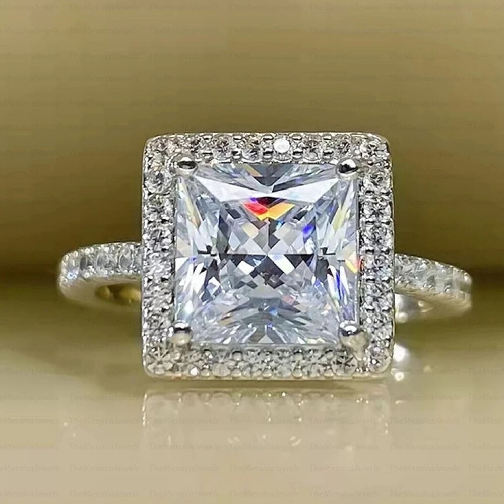 2.76 TCW Princess Cut Moissanite Halo Engagement Ring In 14k White Gold Plated