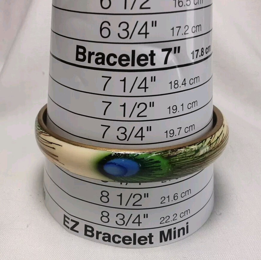 Bracelet Brass Hand Painted Enamel Peacock Feather Blue Green Bangle 3/8″ Wide