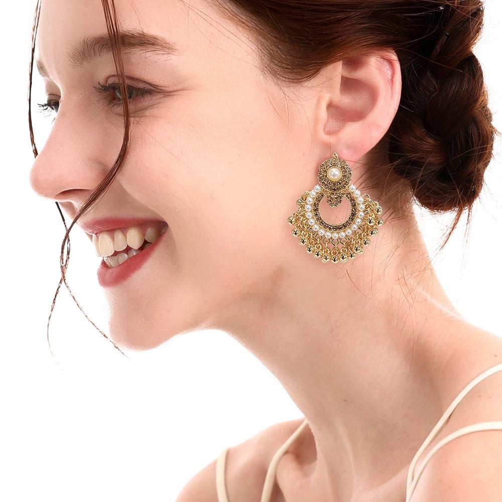 Vintage Beaded Tassel Dangle Drop Earrings Statement Boho CZ Simulated