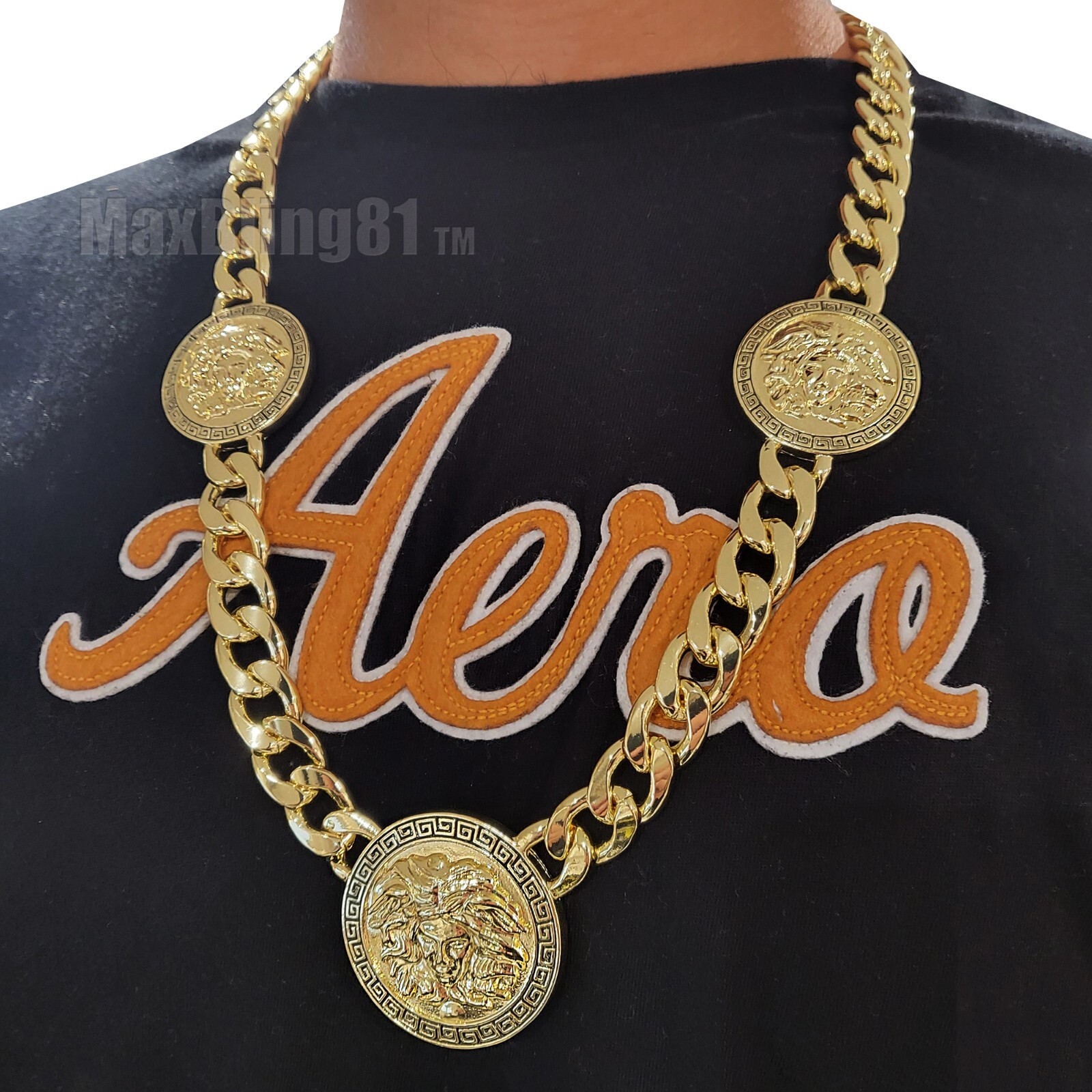 Gold Plated Medusa Head 3 Medallion Cuban Link Chain Necklace & 10mm 30″ Chain