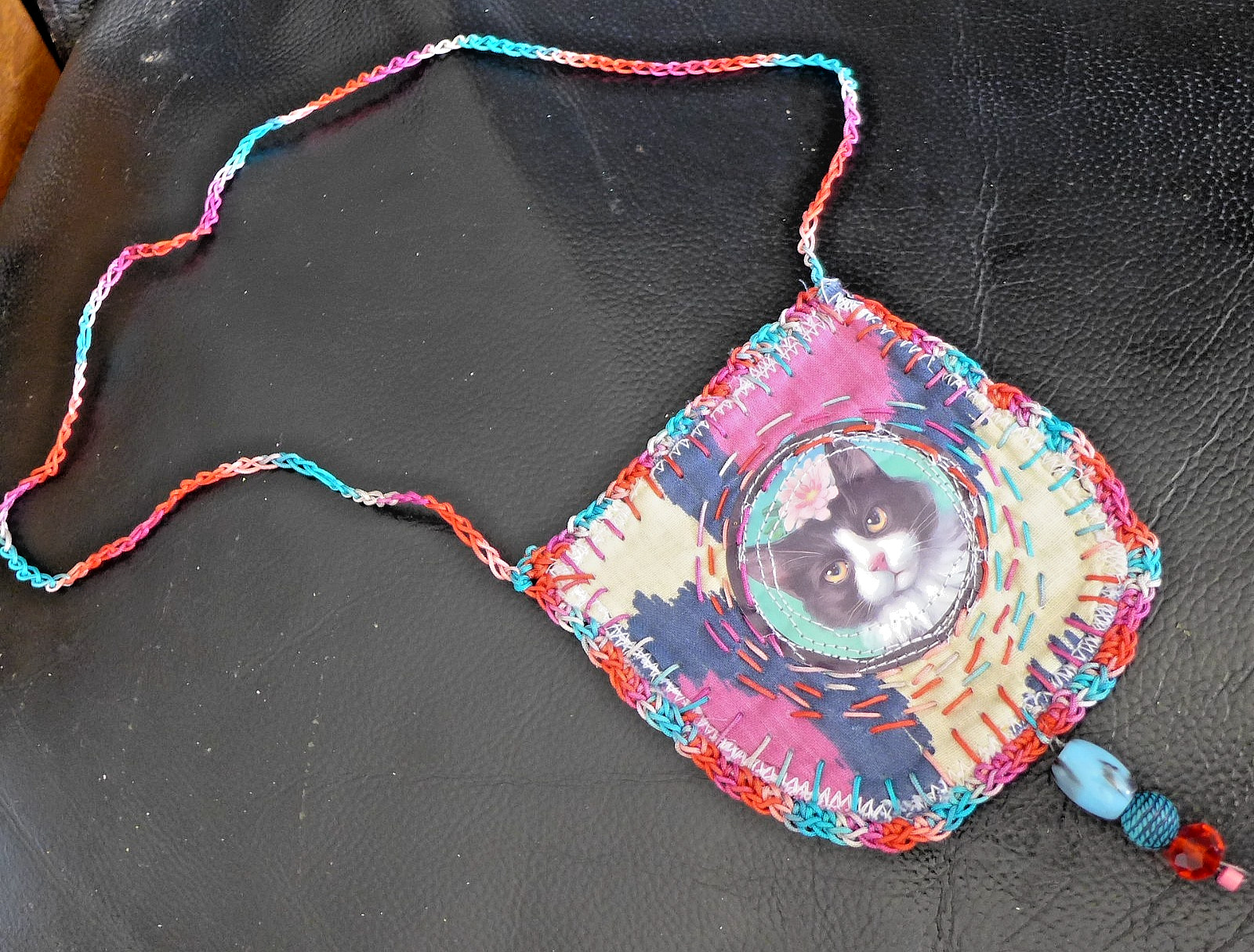 Handmade Crocheted art Necklace Cotton Fabric embroidered crocheted+ Beads