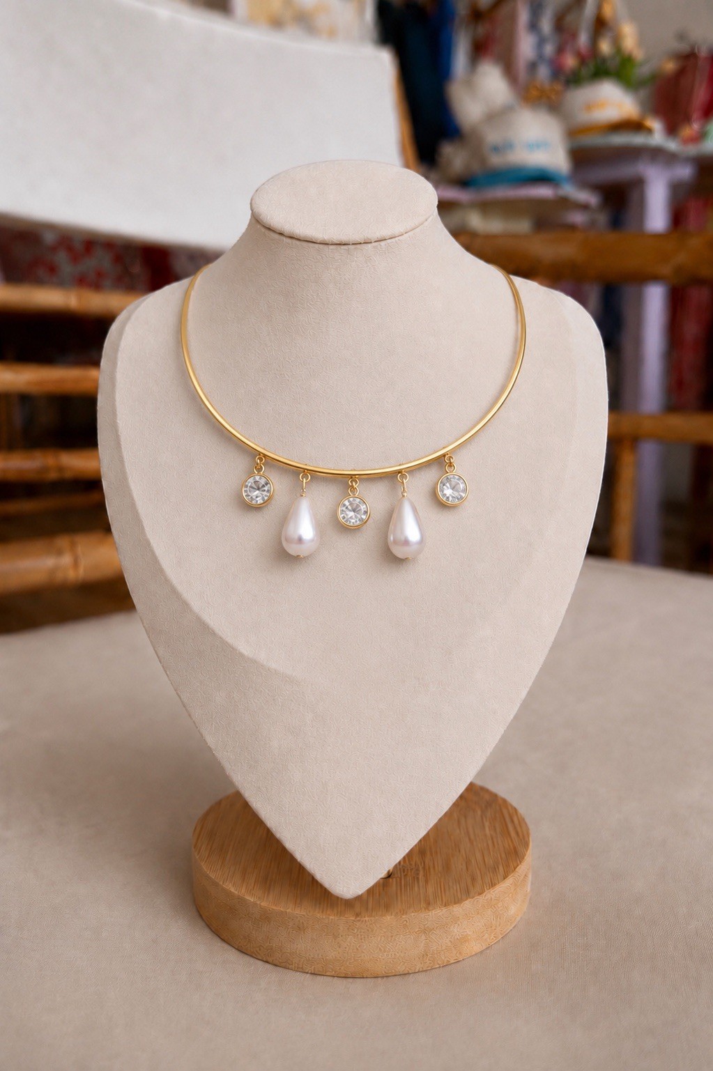 Gold Pearl Charm Choker Necklace, Baroque Pearl & Crystal Statement Necklace