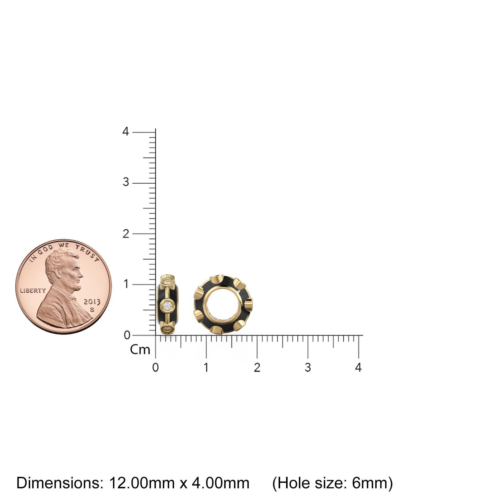 Black Enamel Diamond Solid Gold Charm Bead, Wide Hole Spacer with Bezel Stones