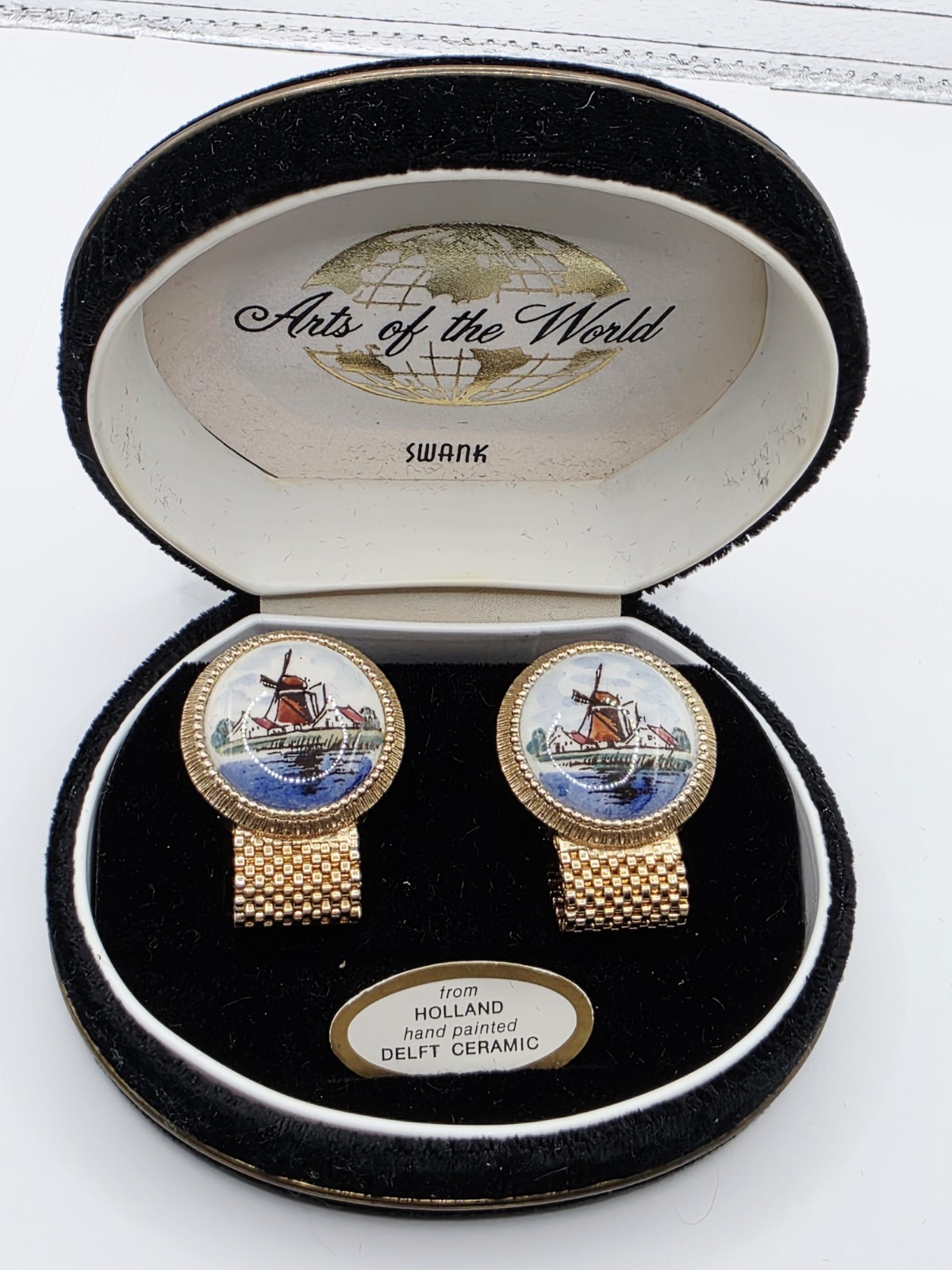 Swank Cufflinks Arts of the World Holland Hand Painted Delft In Original Box