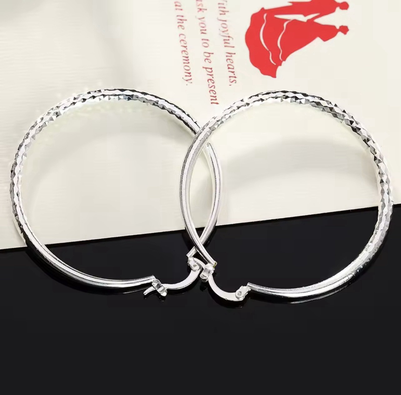 5CM ROUND HOOP DIAMOND CUT 925 SILVER PLATED EARRINGS LIGHT WEIGHT 2”