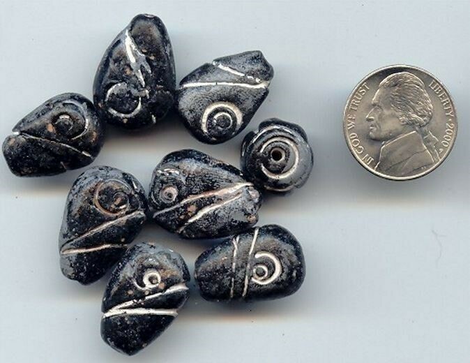 36 VINTAGE HANDMADE JET GRAY CLAY 15x21mm. TRIBAL TEARDROP BEADS 885A
