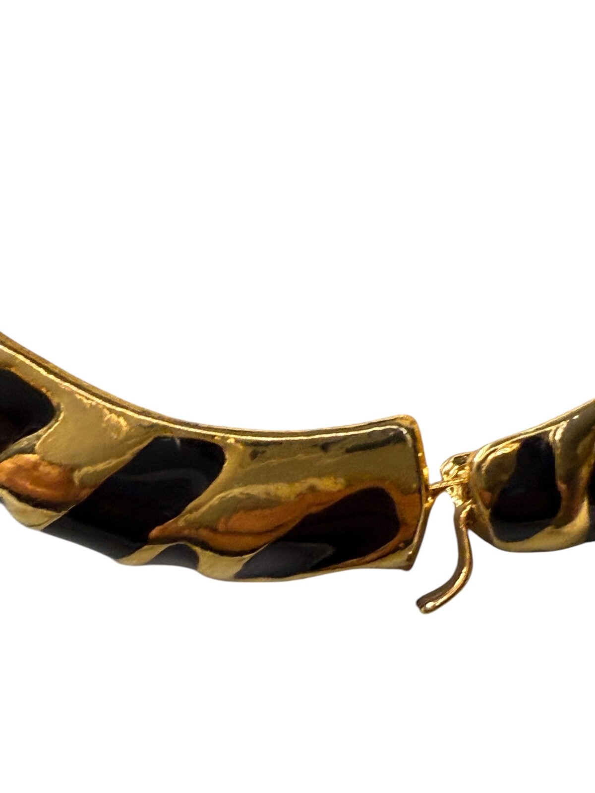Black Enamel Tiger Bangle Bracelet Hinged Clapmer Gold Tone With Rhinstone