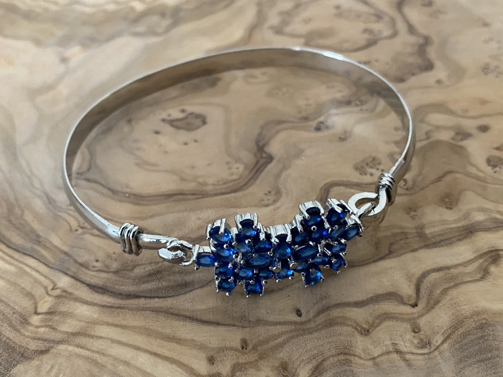 Blue Tanzanite Glass Floral Bangle Bracelet, 925 Sterling Silver, 2.8 in W