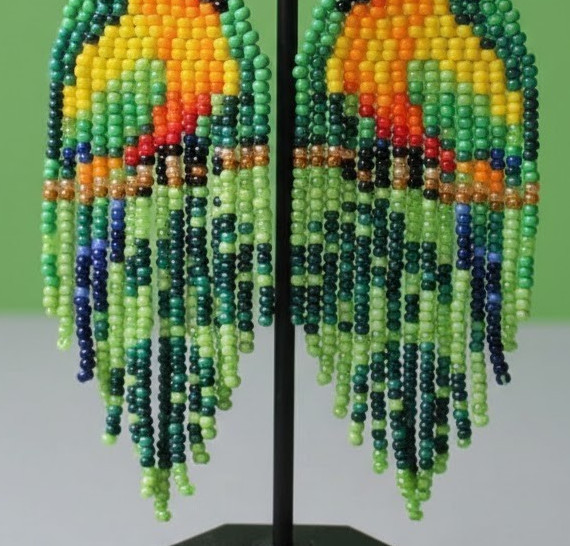 Parrot Tribal Earrings Native Boho American Seed Beads Handmade Earring