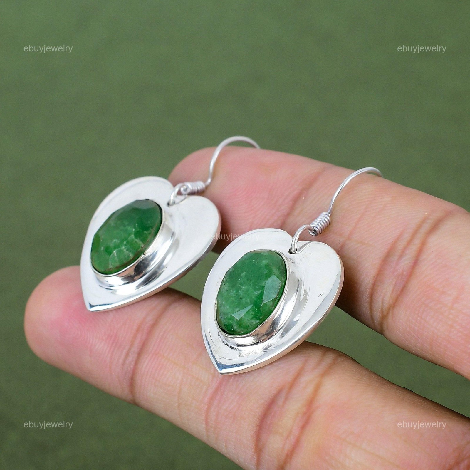 925 Sterling Silver Zambian Emerald Gemstone Dangle Drop Mother Heart Earrings